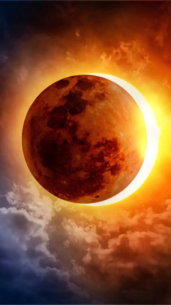 Solar eclipse wallpaper with dark moon silhouette and vibrant orange gold sun rays and swirling clouds
