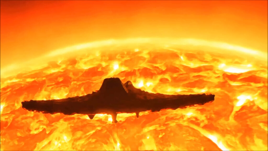 Epic Spacecraft Wallpaper: Fiery Sun and Solar Flare Adventure