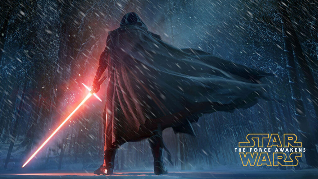 Dramatic Star Wars Wallpaper: Sith in Snowy Forest with Red Lightsaber