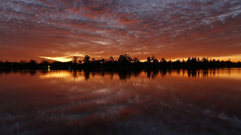 Dramatic sunset wallpaper with vibrant orange sky and silhouetted trees reflected on calm water