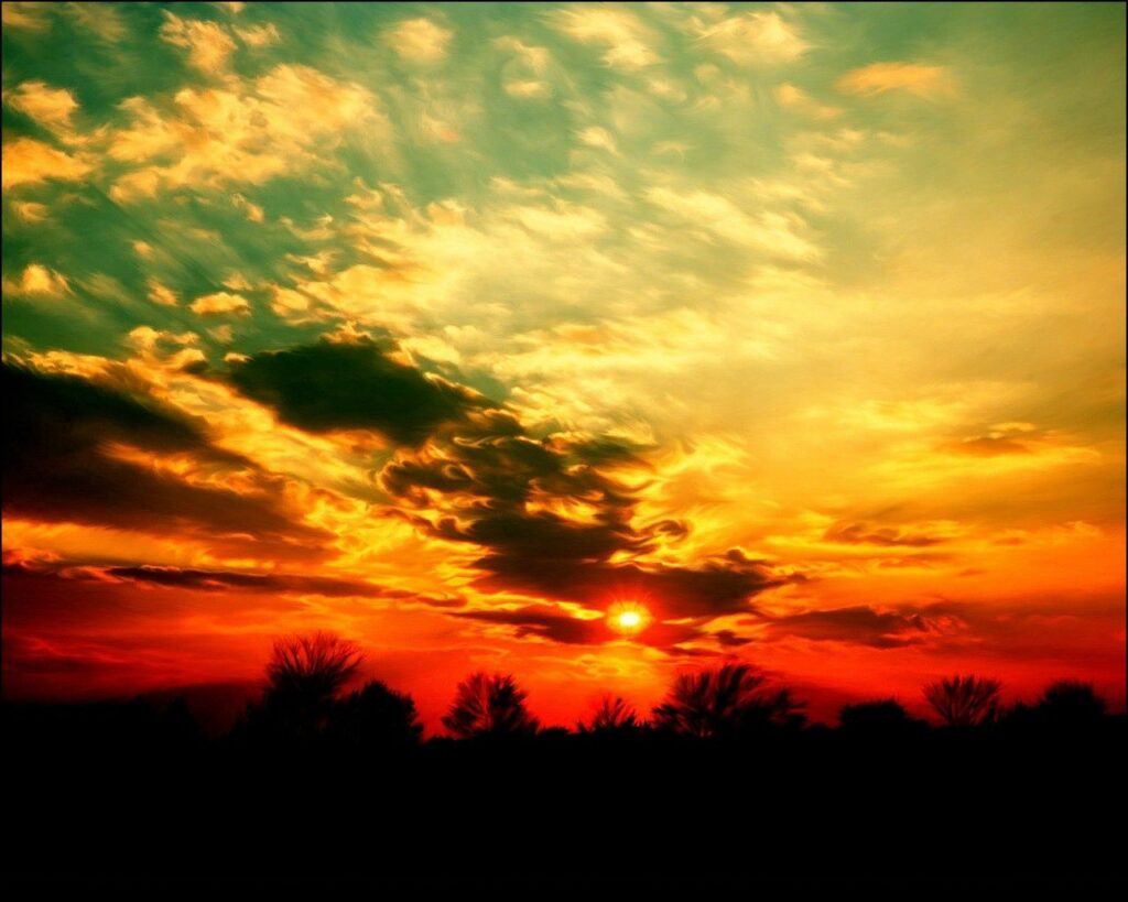 Dramatic sunset wallpaper with deep blue sky fiery orange hues and silhouetted trees horizon