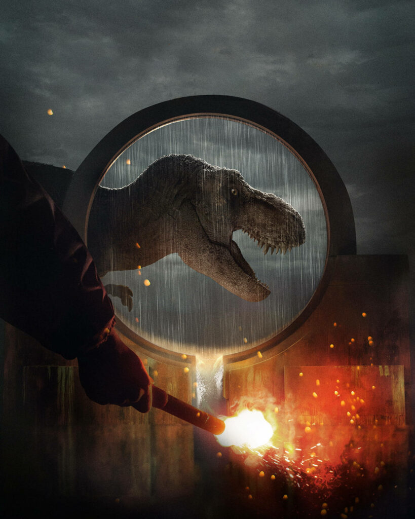 Dramatic T. rex Wallpaper: Jurassic World Rainy Scene with Glowing Flare