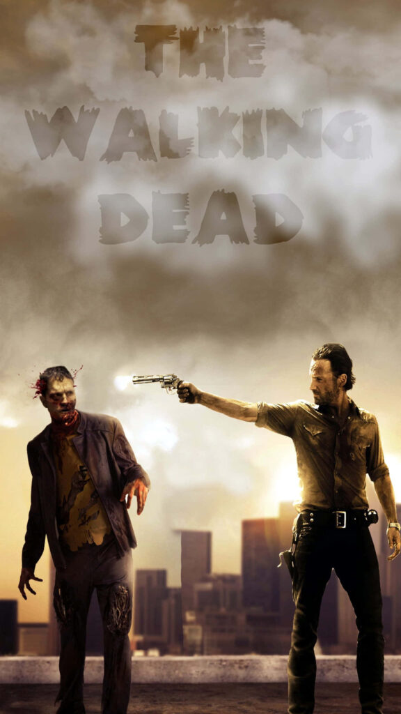 Dramatic Walking Dead Wallpaper: Zombie Confrontation in Cityscape