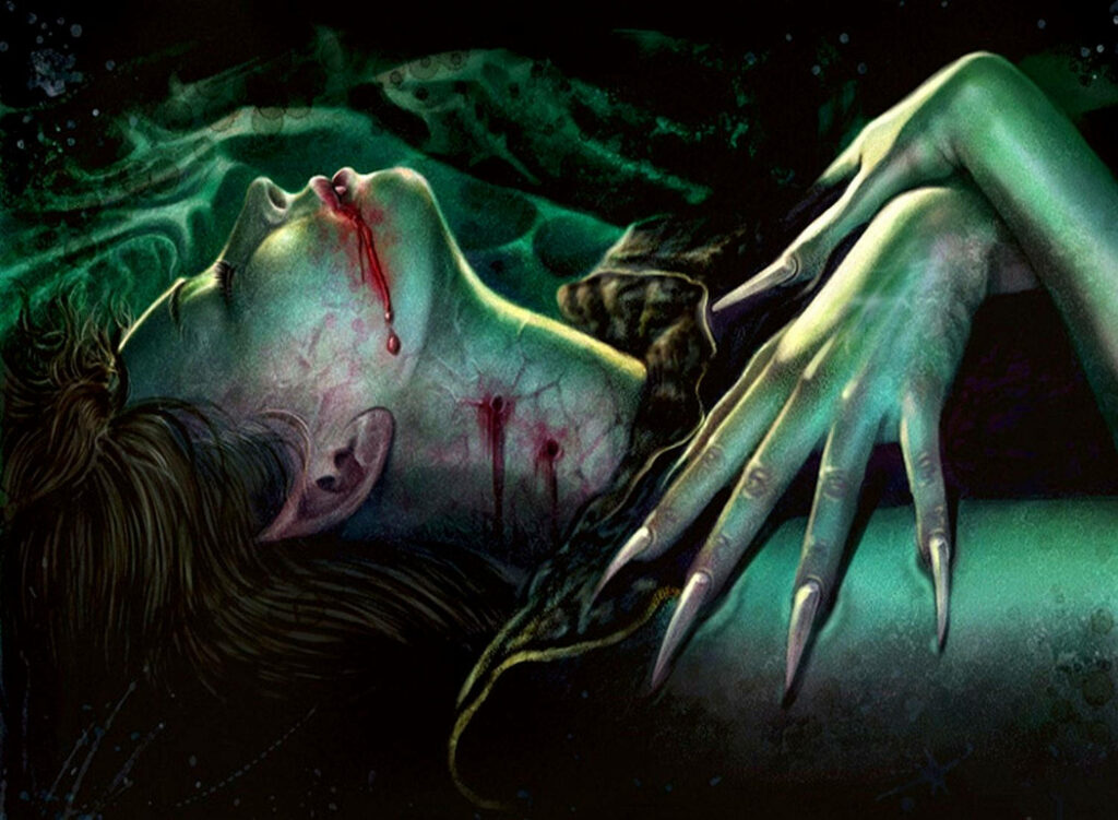 Haunting vampire bite wallpaper with blood neck wound eerie green light and clawed fingers looming