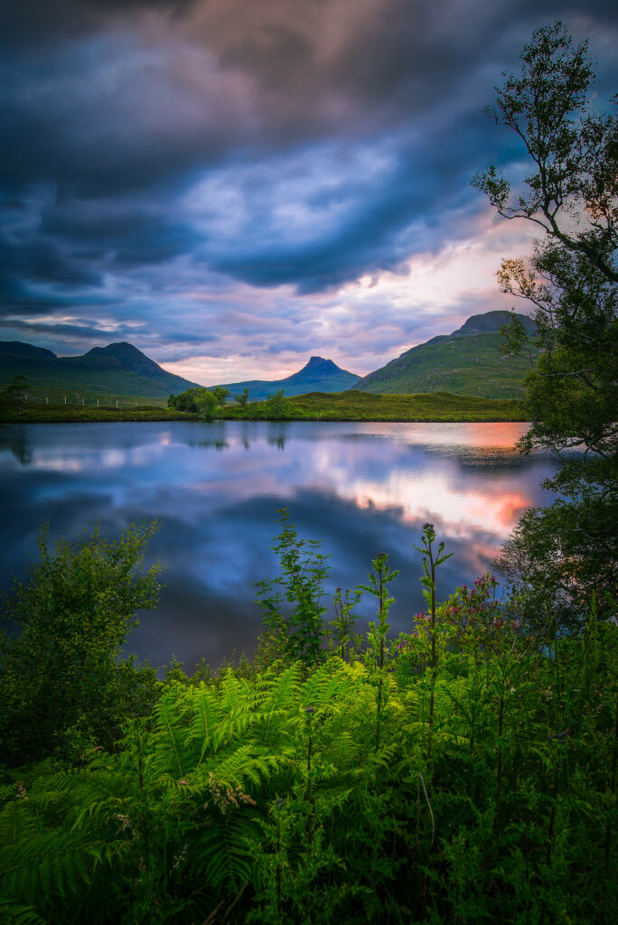Volcanic peaks reflected in lake with green ferns and moody pink blue sky wallpaper background
