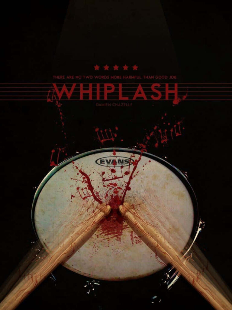 Whiplash Movie Poster: Intense Drum Wall Art with Striking Red Splash Wallpaper