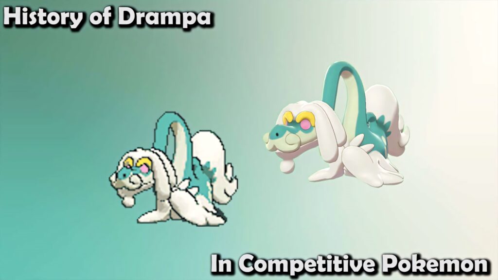 Drampa Pokémon evolution wallpaper showing original sprite and modern 3D render on teal background
