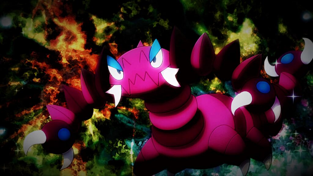 Drapion with vivid magenta armor and sharp claws on fiery dark background intense wallpaper