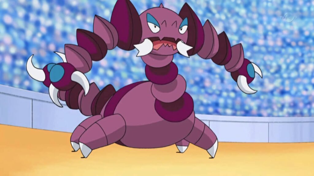 Drapion armored purple Pokémon ready for battle in vibrant stadium with cheering crowd background Wallpaper