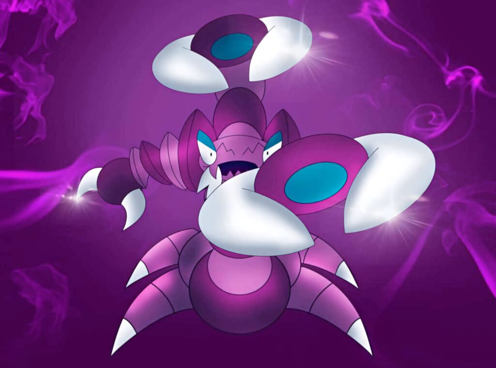 Drapion attacks with glowing pincers on smoky purple background in dynamic anime wallpaper