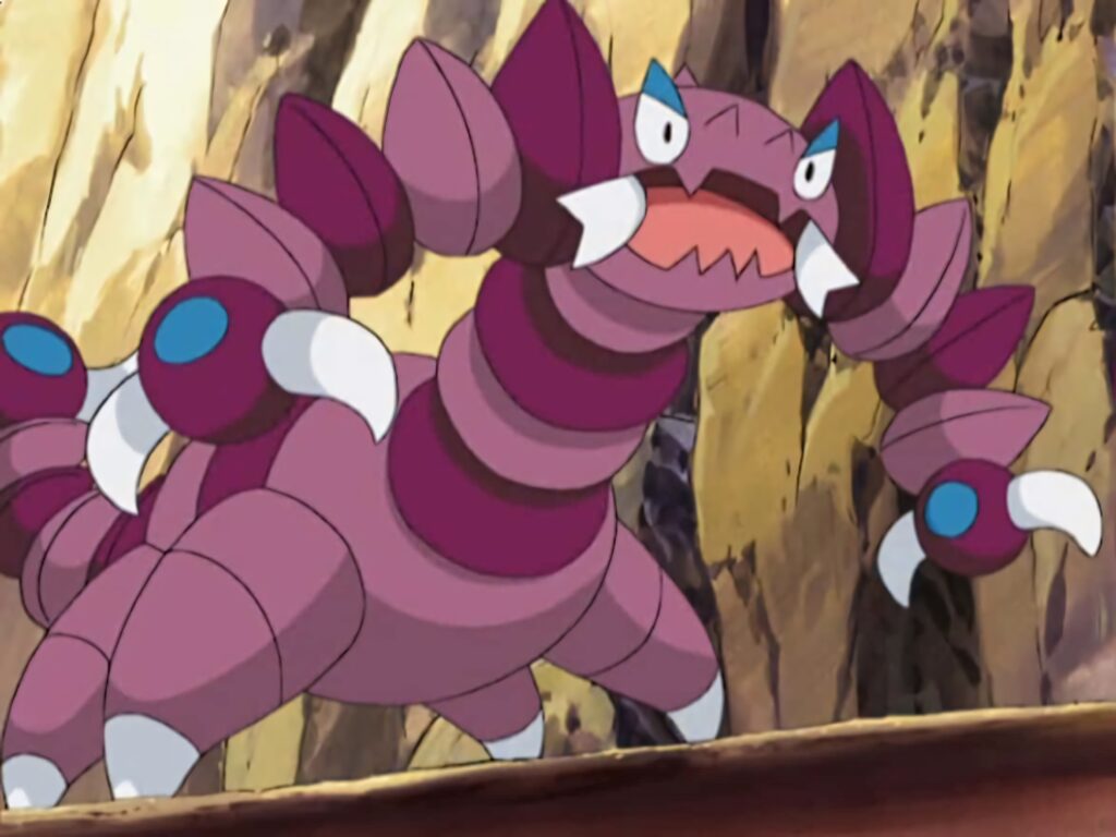 Drapion anime wallpaper fierce growling Pokémon sharp claws rocky bold purple background
