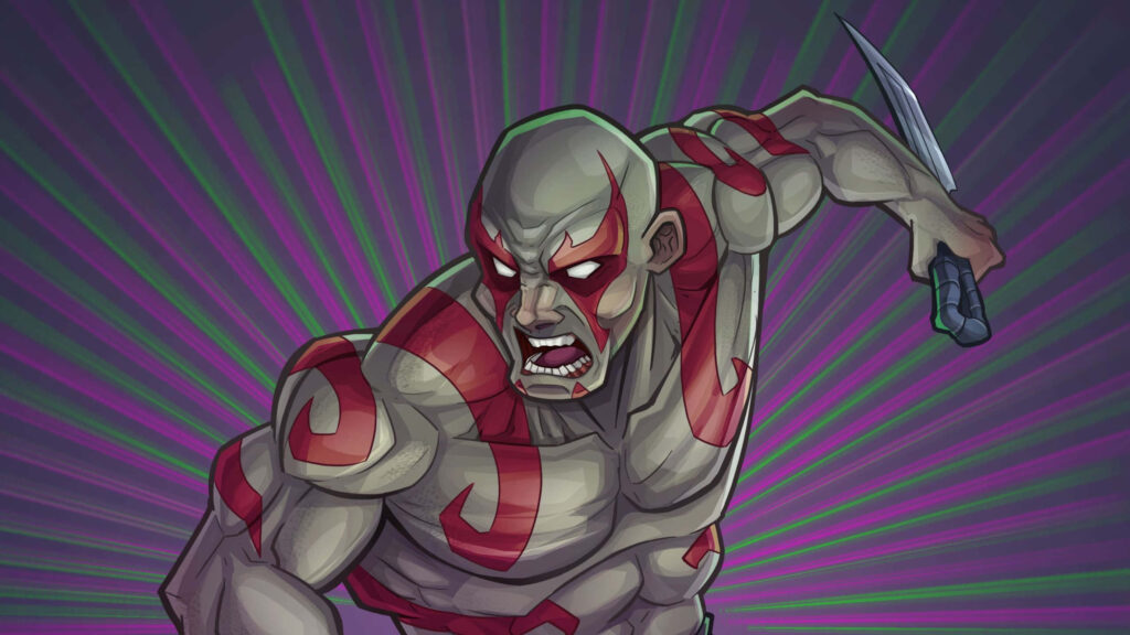 Drax powerful pose wallpaper with red gray tones green purple rays cyber security strength background