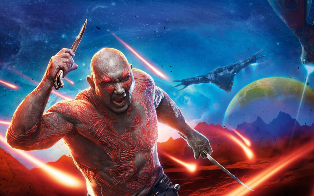 Drax warrior charging with dual blades in vivid outer space scene with planets and starships Wallpaper