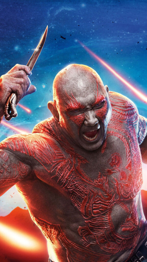 Drax the Destroyer with red tattoos wielding energy blade on cosmic blue orange background wallpaper