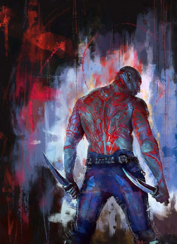 Drax the Destroyer muscular back with red tattoos in dynamic red blue brushstroke wallpaper