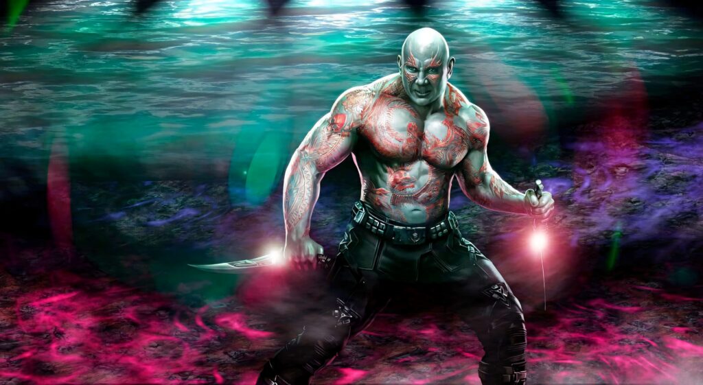 Drax the Protector of the Universe with red tattoos and dual blades on neon cosmic background Wallpaper