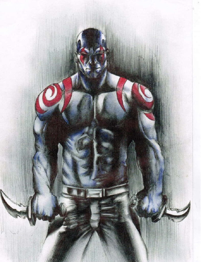 Drax the Destroyer Marvel character ready for battle with red markings and twin blades wallpaper