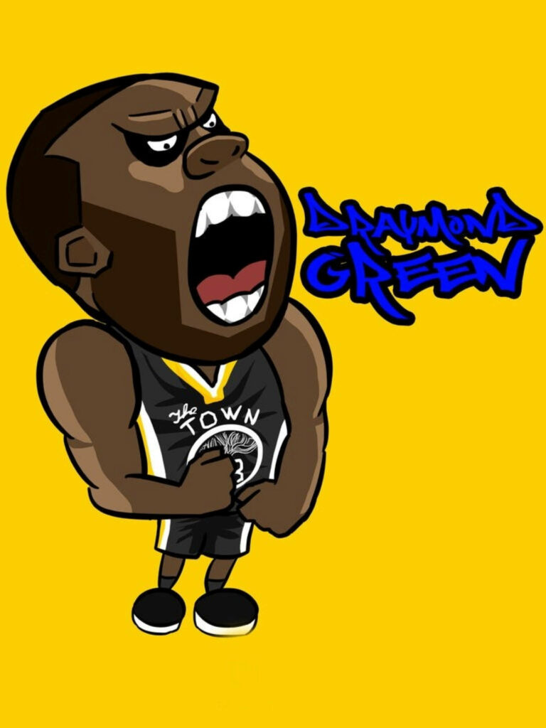 Cartoon Draymond Green basketball wallpaper muscular build intense expression yellow background