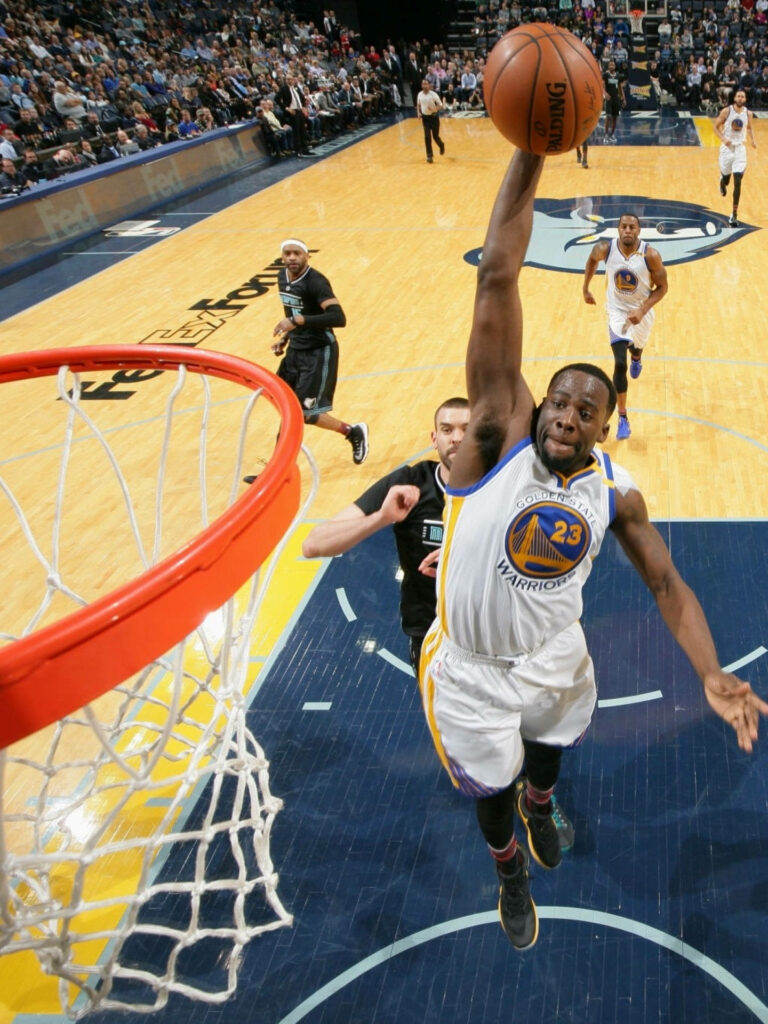 Draymond Green powerful dunk Golden State Warriors dynamic NBA action vibrant court wallpaper