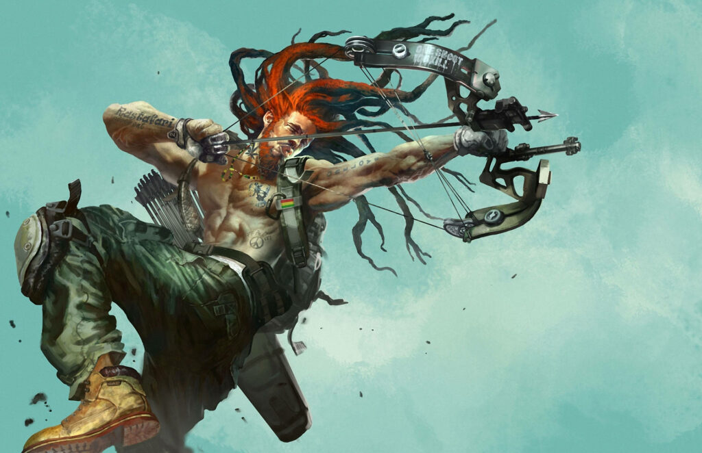 Airborne Archer: A Dynamic Wallpaper of a Dreadlocked Marksman in Action