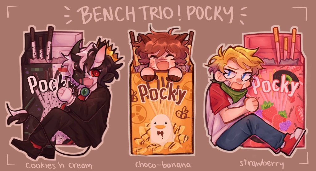 Vibrant Dream SMP Bench Trio fan art in Pocky snack boxes cookies cream choco banana strawberry Wallpaper
