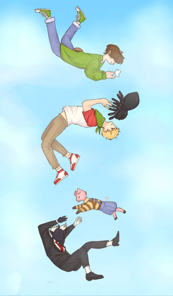 Dream SMP fanart of TommyInnit Ranboo Wilbur Soot Michael floating in bright blue sky wallpaper