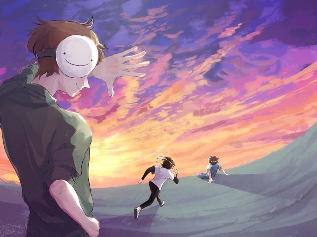 Vibrant Dream Team Trio Frolicking amidst Lush Meadows under a Radiant Cloudscape - Artistic Dream Team Background Capture Wallpaper