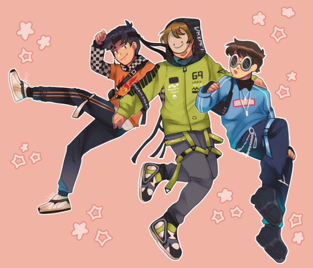 Enchanting Mcyt Dream Team Fanart: Classy Casuals Meet Airborne Magic Against a Fluffy Pink Backdrop Wallpaper