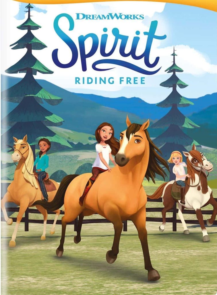 DreamWorks Spirit Riding Free poster with Lucky Prescott and friends riding horses in Miradero Wallpaper
