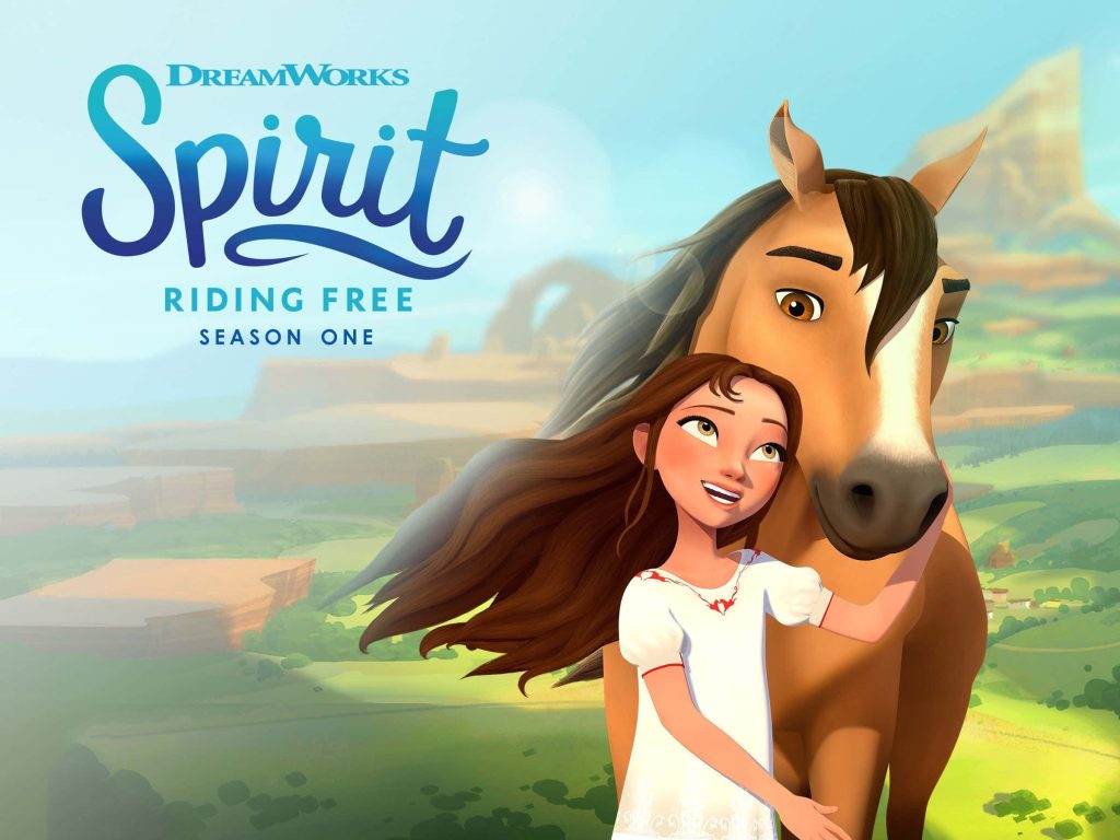 Lucky Prescott hugs wild mustang Spirit in colorful DreamWorks Spirit Riding Free Season 1 wallpaper