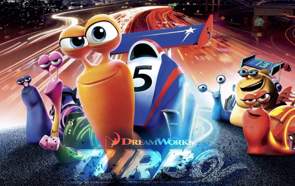 DreamWorks Turbo wallpaper featuring Turbo and crew racing on neon-lit motion blurred highway background
