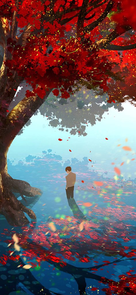 Dreamlike anime phone wallpaper lone man misty blue landscape red autumn tree serene background