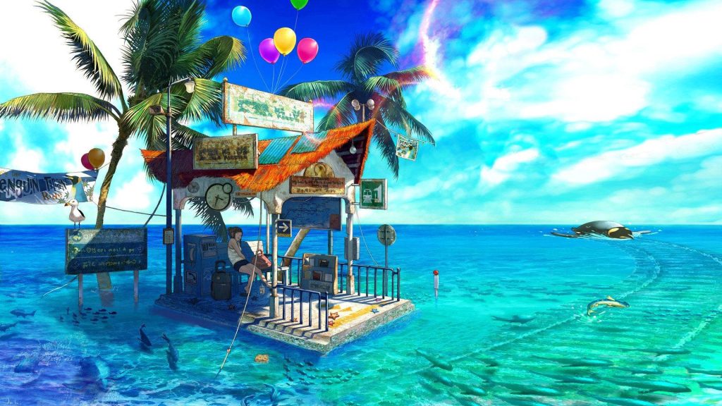 Anime girl waits at floating bus stop in tropical ocean with palm trees balloons and swimming penguin Wallpaper