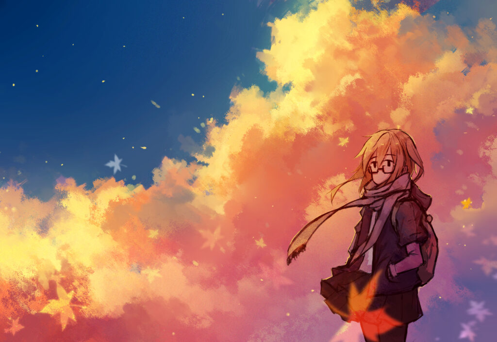 Anime Girl with Glasses in Colorful Cloudy Wallpaper Background