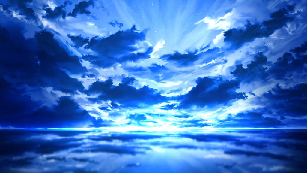 Digital art wallpaper of blue cloudy sky with ethereal light rays and serene reflective horizon