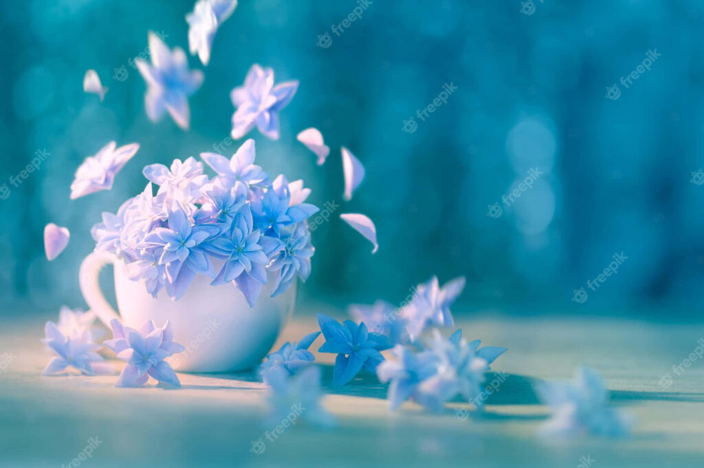 Dreamy Blue Flower Pot Wallpaper on Blurred Turquoise Background