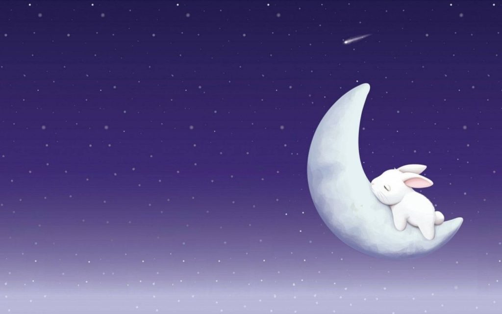 Cute white bunny sleeping on crescent moon against deep purple starry night wallpaper background