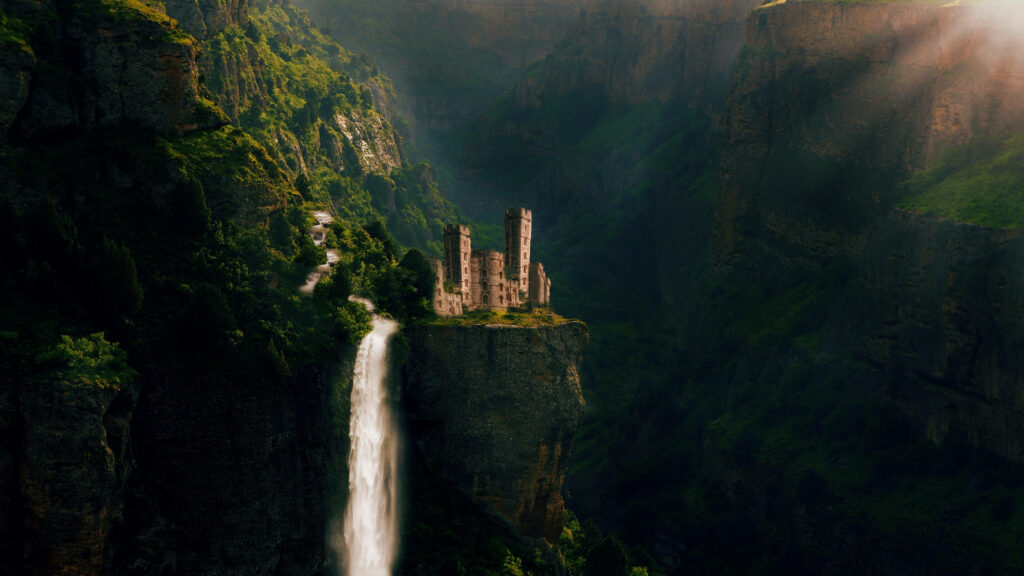 Dreamy Fairy-Tale Castle Wallpaper with Majestic Waterfall & Lush Cliffs