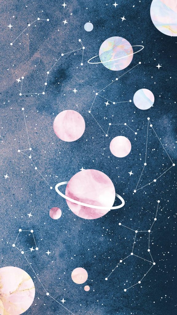 Dreamy celestial wallpaper with ringed planets geometric constellations pastel zodiac background