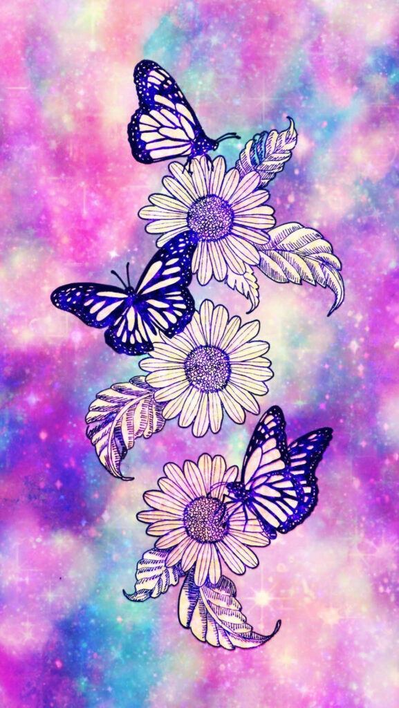 Vibrant Hand-Drawn Sunflowers & Butterflies Cosmic Wallpaper Background