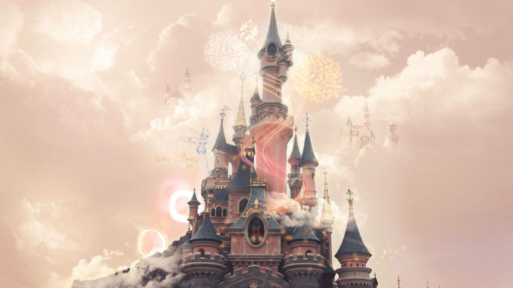 Enchanting Disney laptop wallpaper with pastel magical castle glowing clouds fairytale ambiance