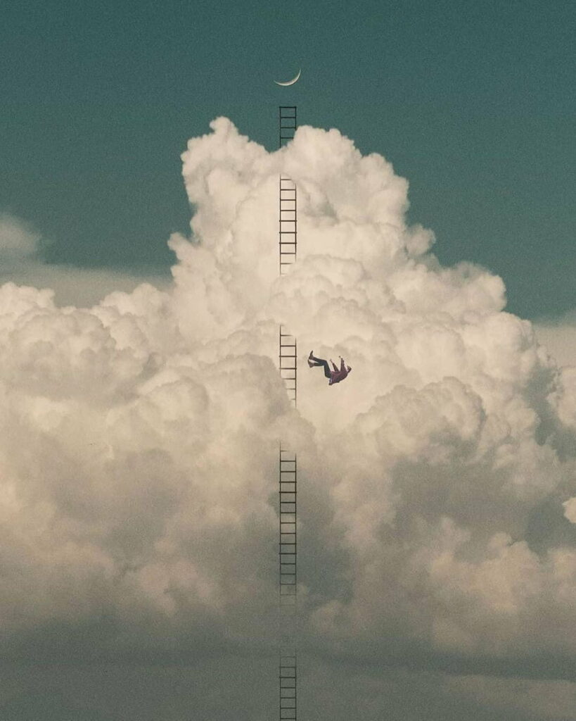 Dreamlike HD Wallpaper: Ladder to Clouds with Whimsical Moon & Fall