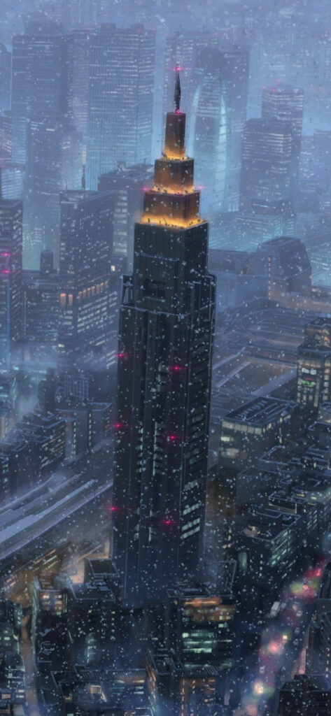 Dreamy Night Cityscape Wallpaper: NTT Docomo Building in Snow
