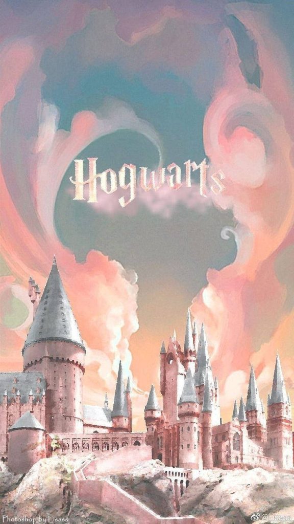 Hogwarts iPhone wallpaper pastel sky magical castle dreamy Harry Potter clouds background