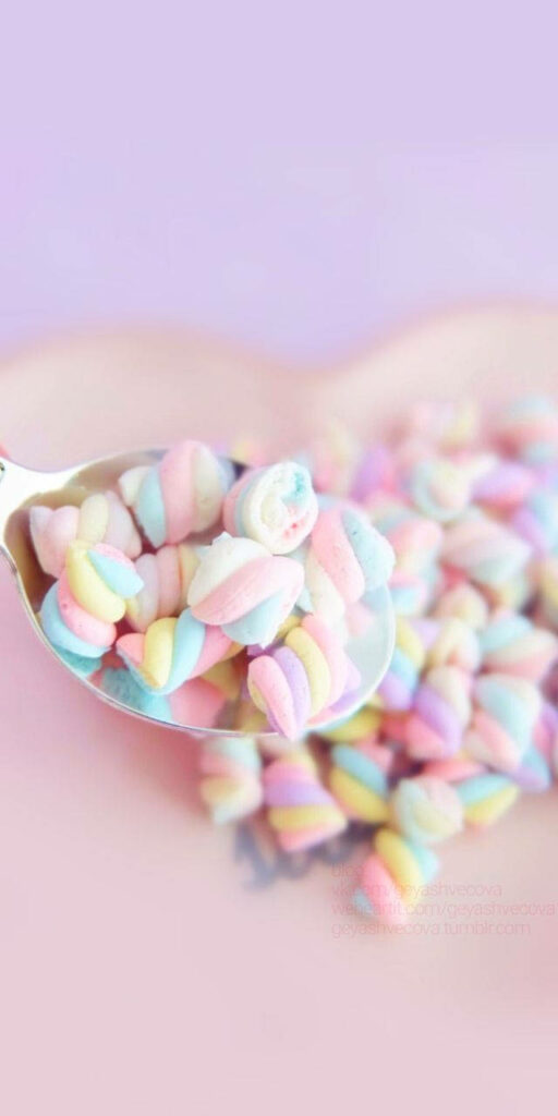 Vibrant 3D pastel marshmallows piled on spoon soft lighting pink lavender gradient wallpaper
