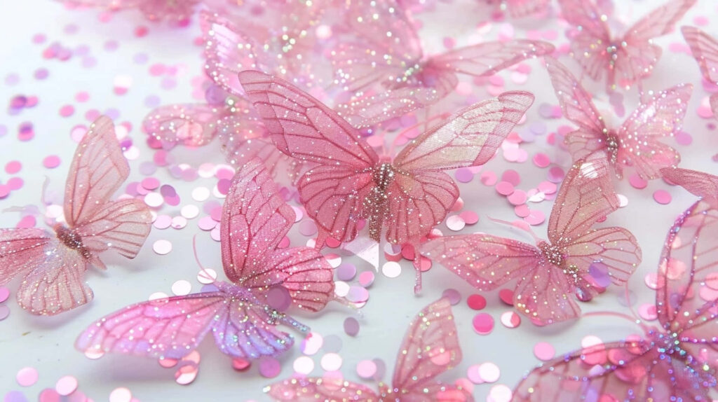 Whimsical Pink Butterfly Wallpaper with Sparkling Confetti Background
