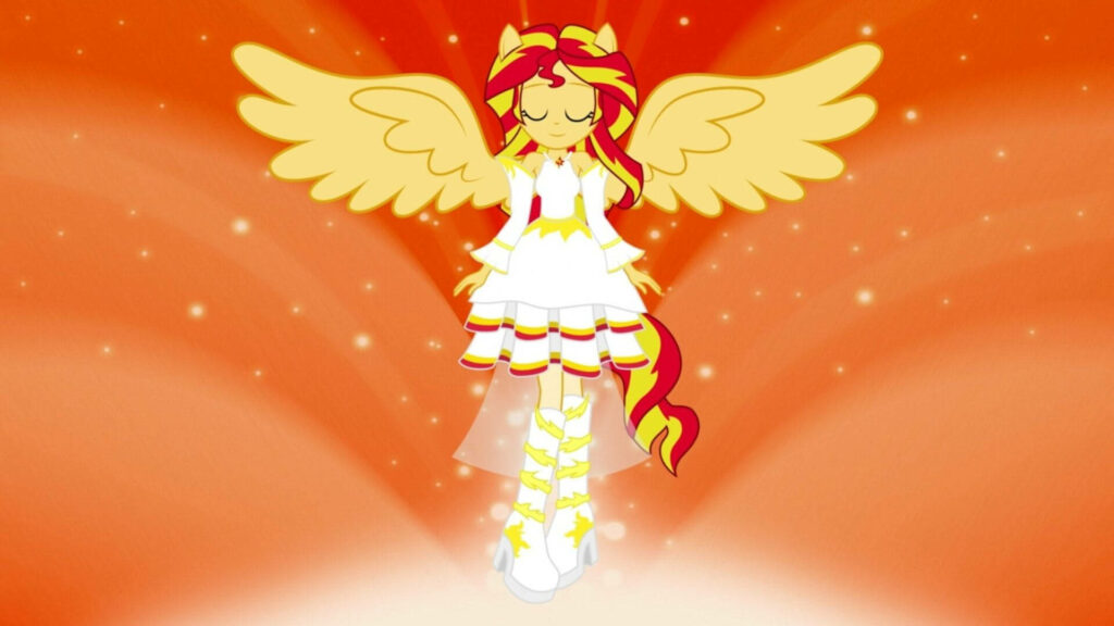 Dreamy Sunset Shimmer: A Beautiful Cartoon Fairy Amidst an Abstract Sunset Backdrop Wallpaper