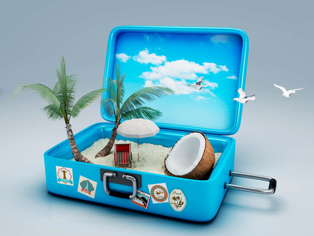 Tropical Paradise in a Blue Suitcase - Playful Travel Wallpaper
