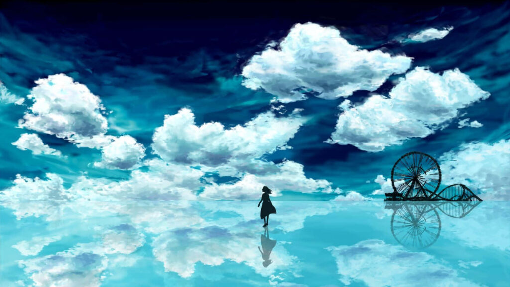 Dreamy Girl Walking on Water Wallpaper with Ferris Wheel Reflection