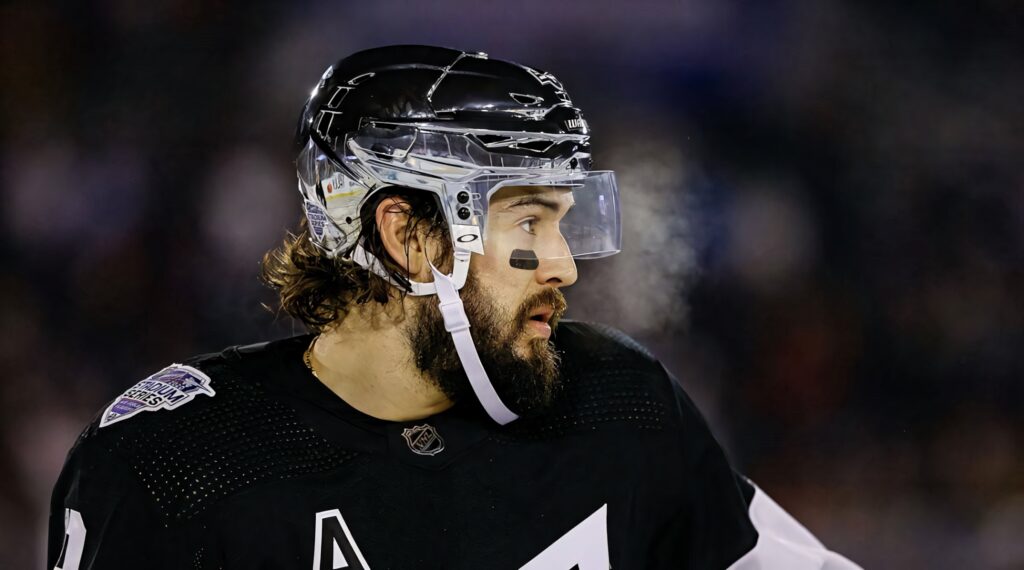 Drew Doughty close-up in black and white Los Angeles Kings uniform intense ice hockey action Wallpaper